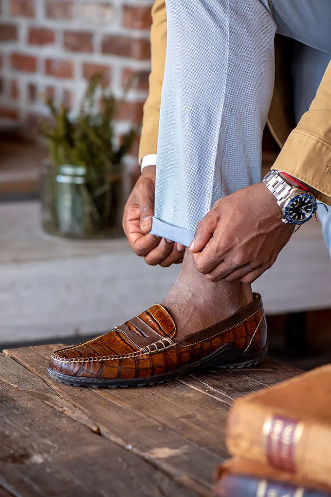 Bill Alligator Grain Penny Loafers - Chestnut