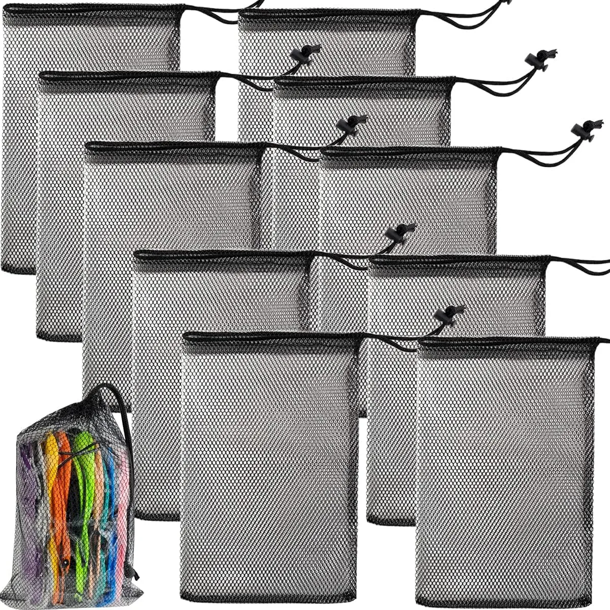 GXXMEI 10PCS 8X12inch Nylon Mesh Drawstring Bags with Cord Lock Closure Delicates Laundry Bag For Washing Machine Small Gym Bag for Basketball, Volleyball, Football, Golf Stuff Balls