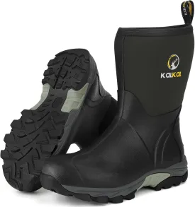 Kalkal Rubber Boots for Men, Waterproof Mid Calf Mens Rain Boots, 6mm Neoprene Insulated Mens Rubber Work Boots for Hunting Gardening Farming Fishing Mud Working, Size 7-14