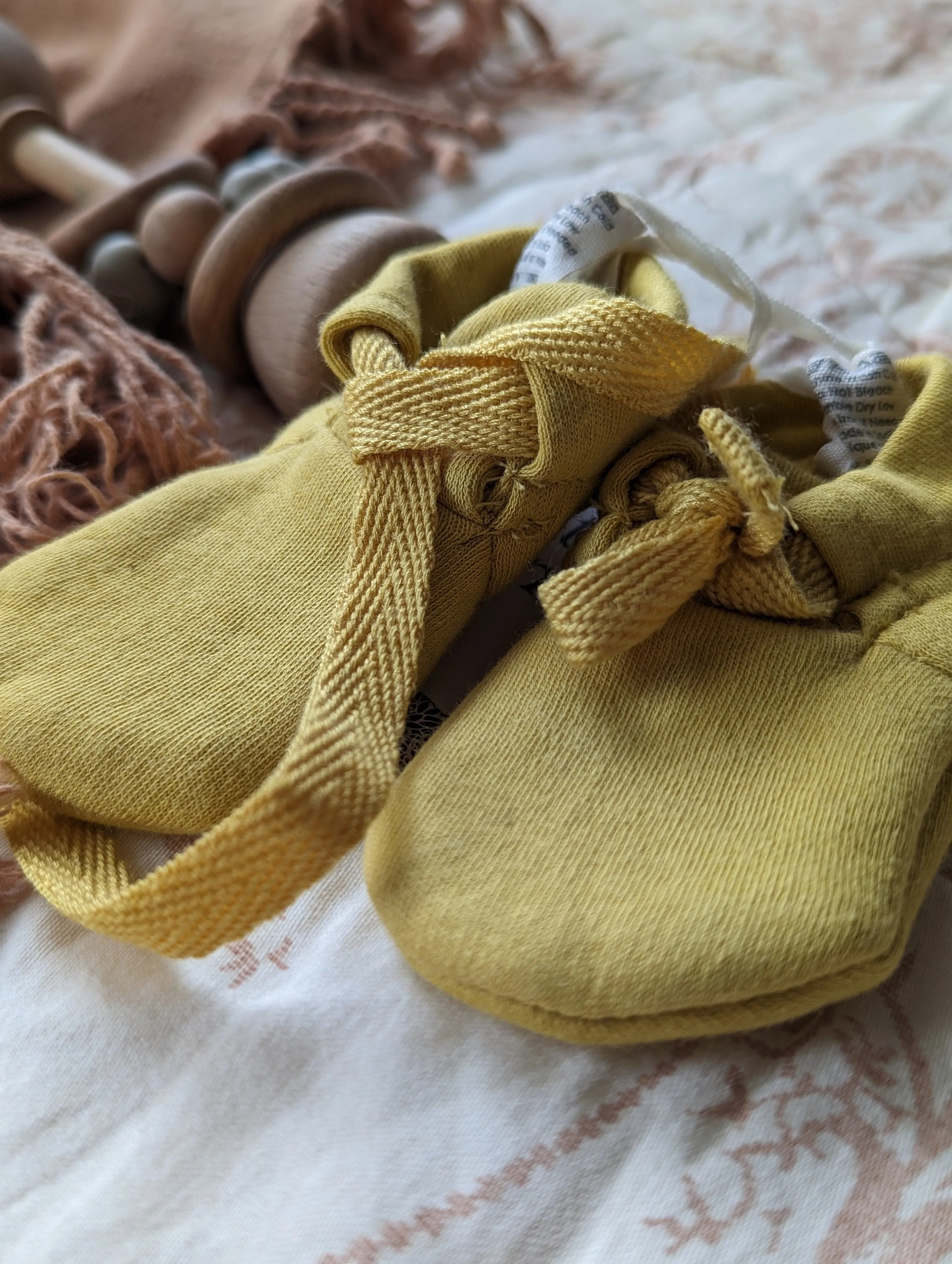 Kate Quinn Organic Cotton Tie Booties in Mustard (0-3m)