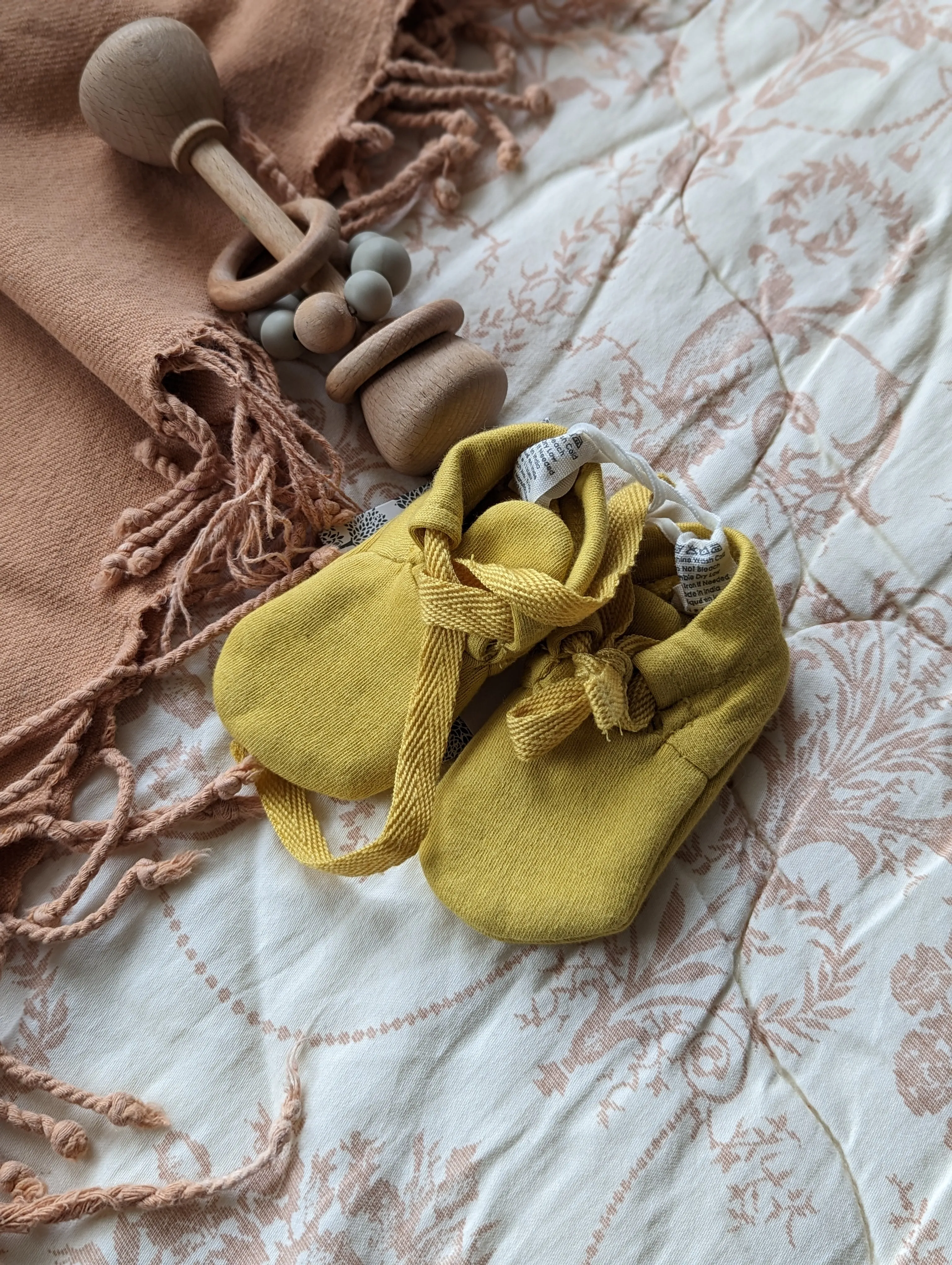 Kate Quinn Organic Cotton Tie Booties in Mustard (0-3m)