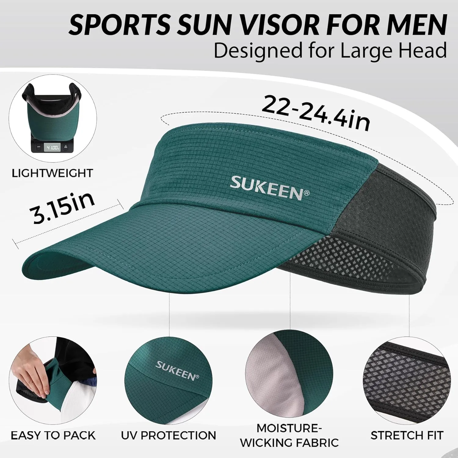 Sukeen Sun Visor Hat for Men Large Head Lightweight Cooling Stretchy Visor Hat for Running, Tennis, Golf, Daily Wear
