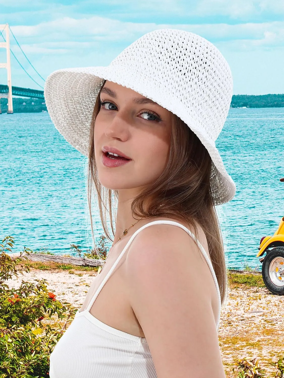 Womens Sun Hat Handmade Crochet Straw Bucket Hat Summer UV Protection Foldable Travel Cap UPF 50 