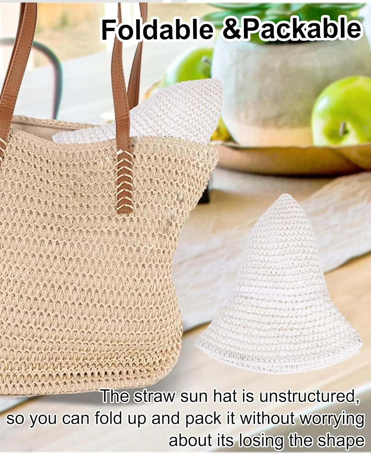 Womens Sun Hat Handmade Crochet Straw Bucket Hat Summer UV Protection Foldable Travel Cap UPF 50 