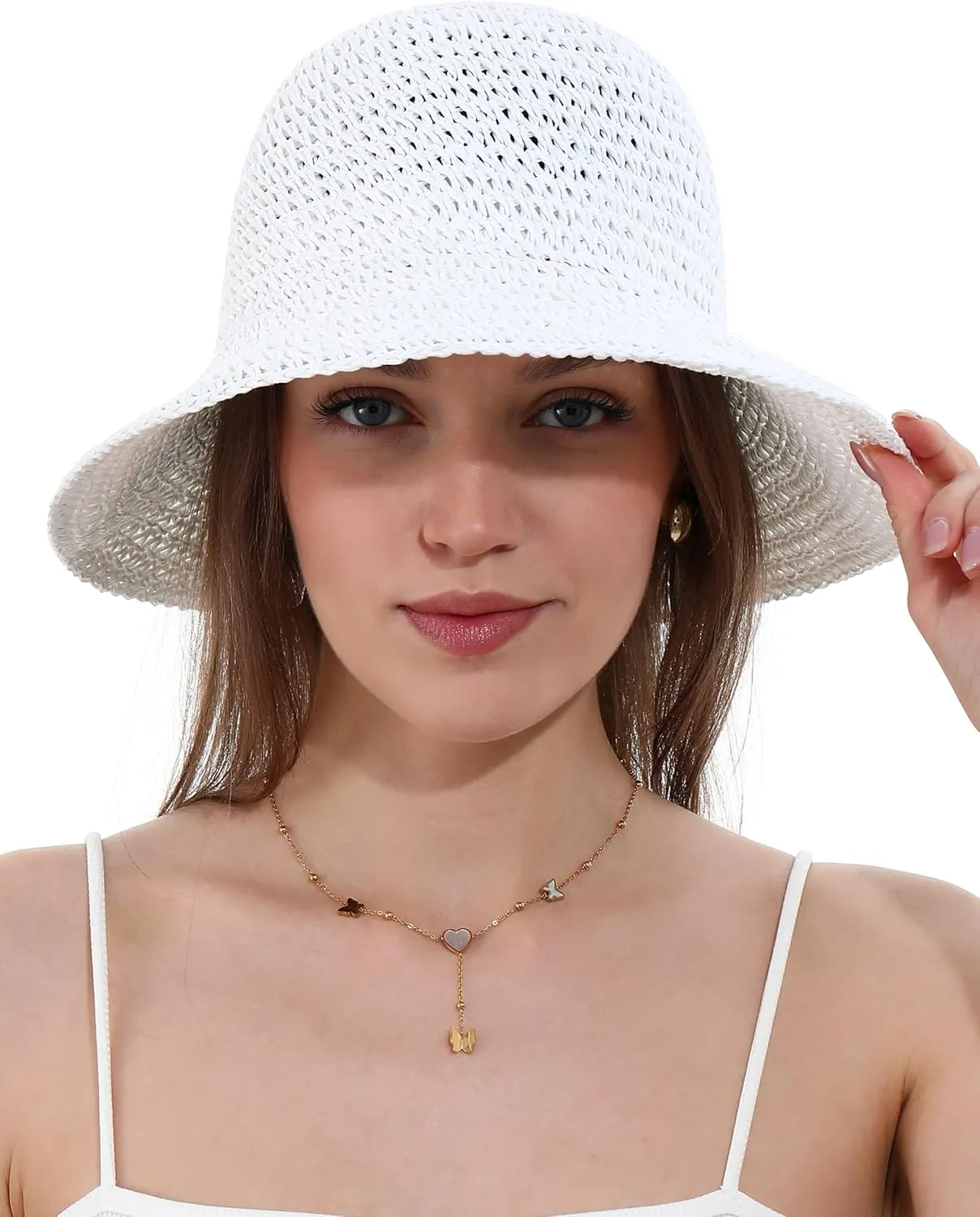 Womens Sun Hat Handmade Crochet Straw Bucket Hat Summer UV Protection Foldable Travel Cap UPF 50 