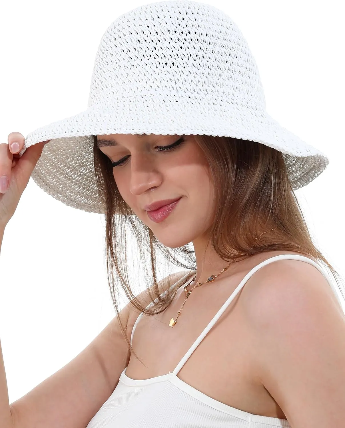 Womens Sun Hat Handmade Crochet Straw Bucket Hat Summer UV Protection Foldable Travel Cap UPF 50 
